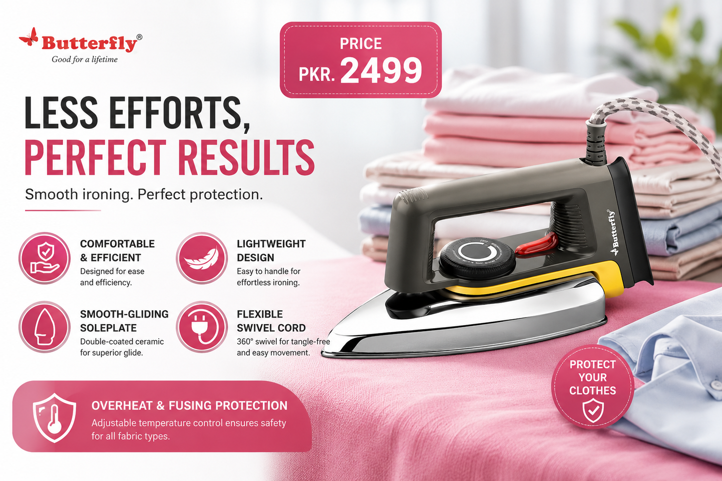 Premium Dry Iron with Stainless Steel Soleplate – Fast Heating Non-Stick Clothes Iron (Black)