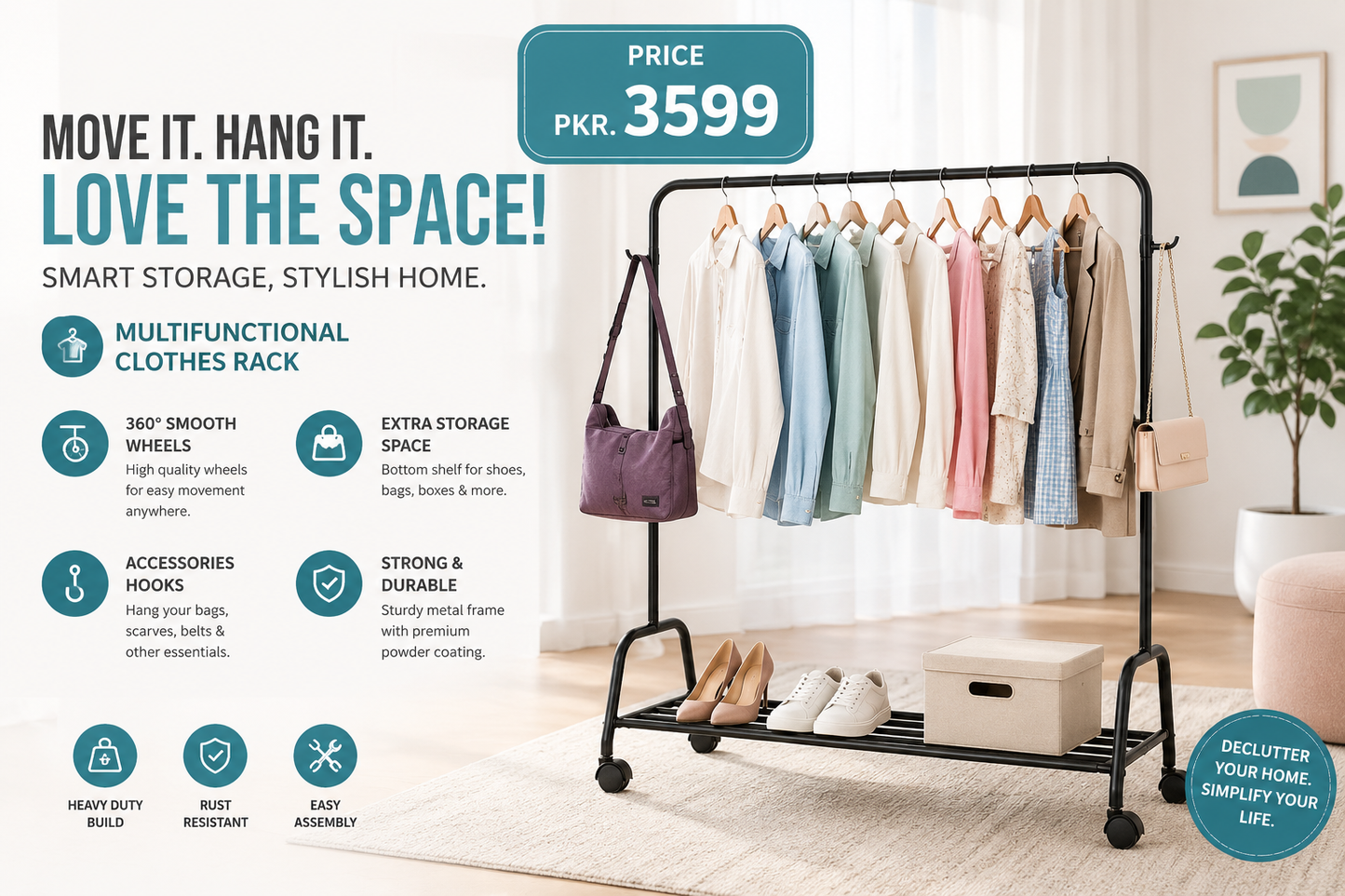 Modern Black Iron Wardrobe Organizer Rack – Space-Saving Clothes Storage & Garment Hanging Stand