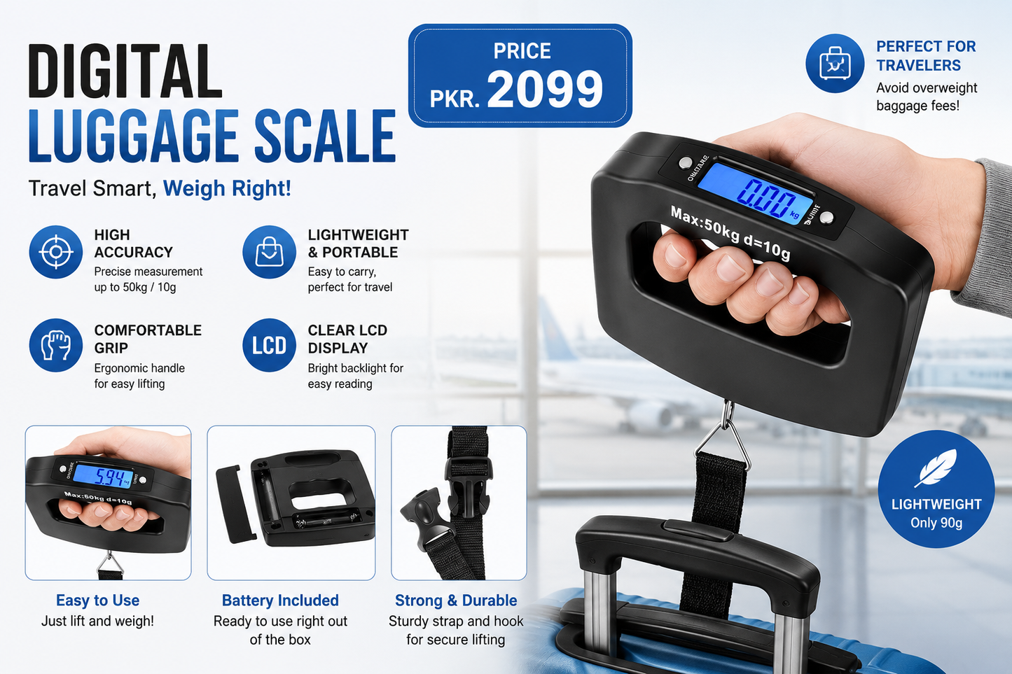 50kg Portable Digital Luggage Scale – Accurate Electronic Baggage Weight Checker for Travel (Black)