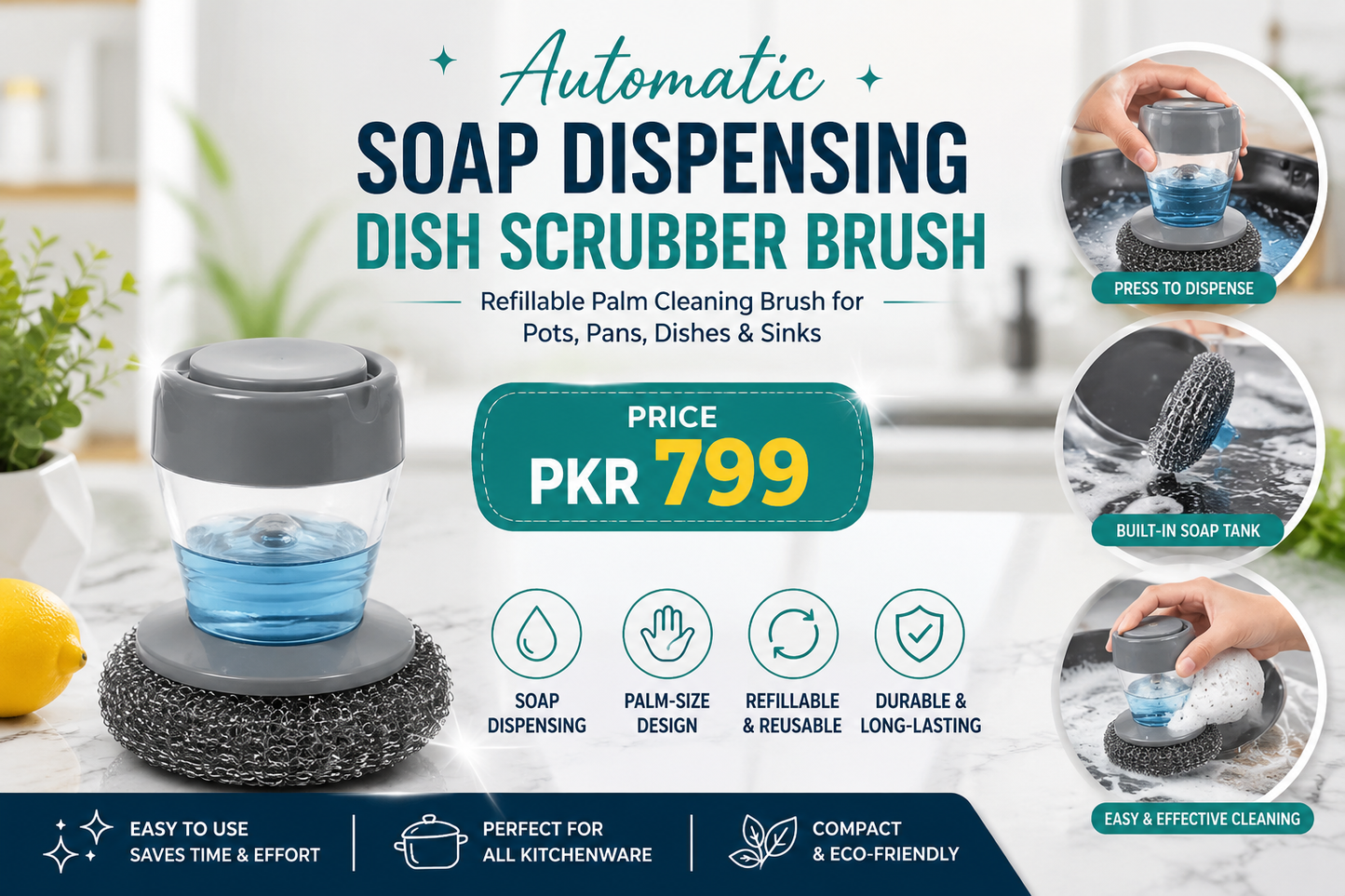 Automatic Soap Dispensing Dish Scrubber Brush – Refillable Palm Cleaning Brush for Pots, Pans, Dishes &amp; Sinks