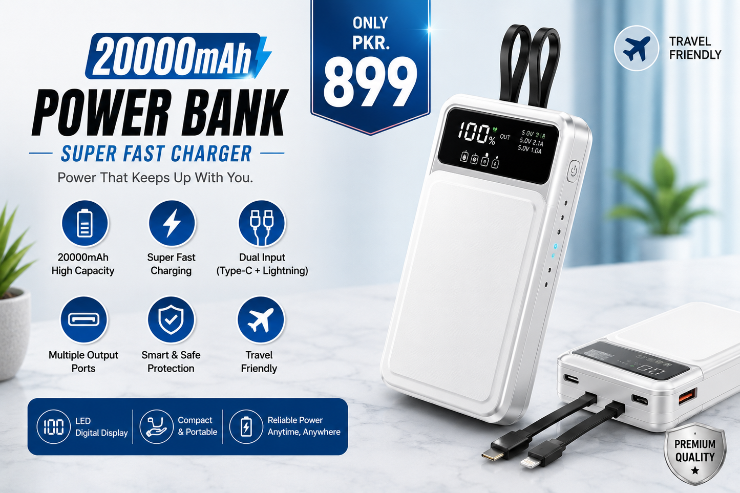 66W Super Fast Charging 20000mAh Power Bank with Built-in Cables – Portable High-Capacity Battery Pack (White)