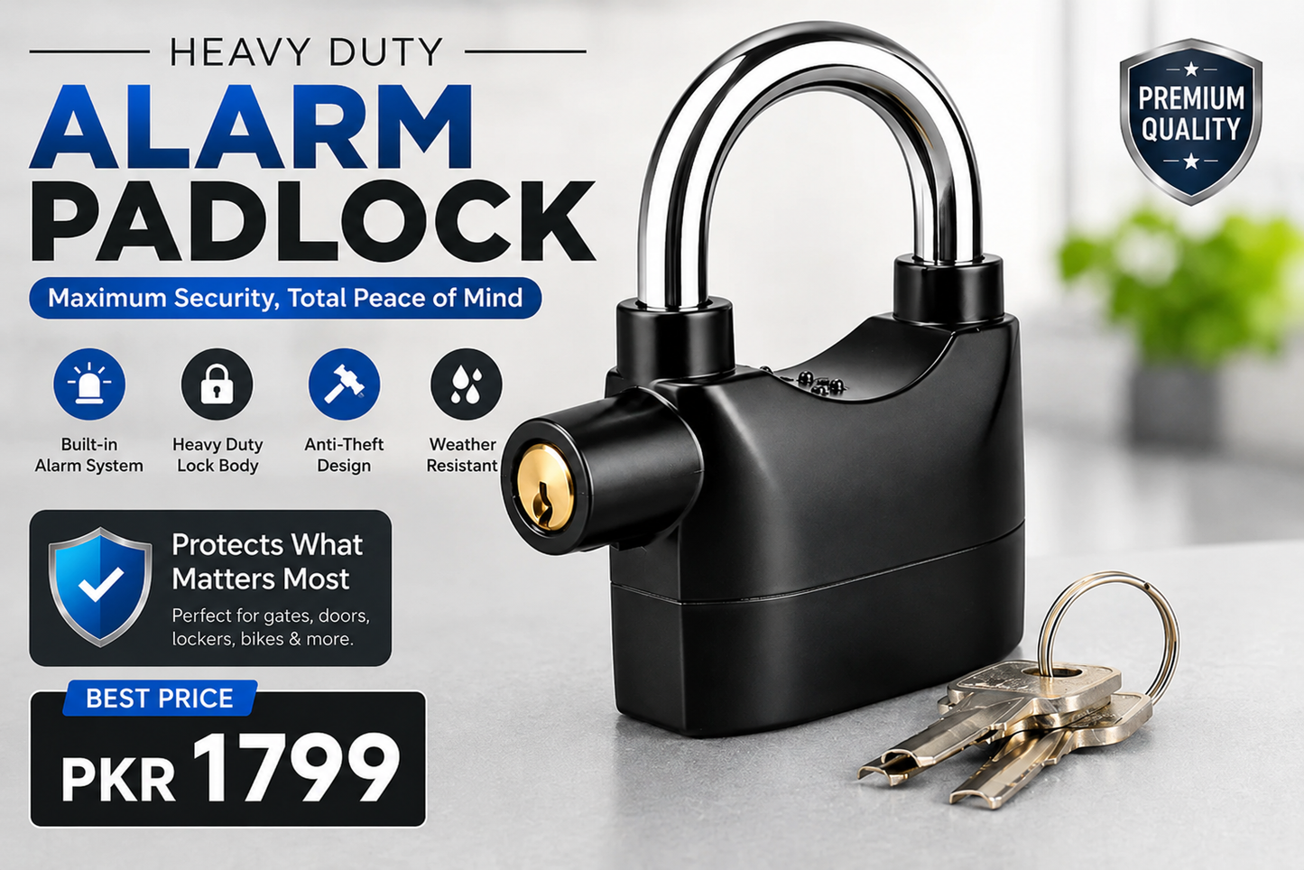 110dB Waterproof Anti-Theft Alarm Padlock with Heavy-Duty Security Lock & 3 Keys