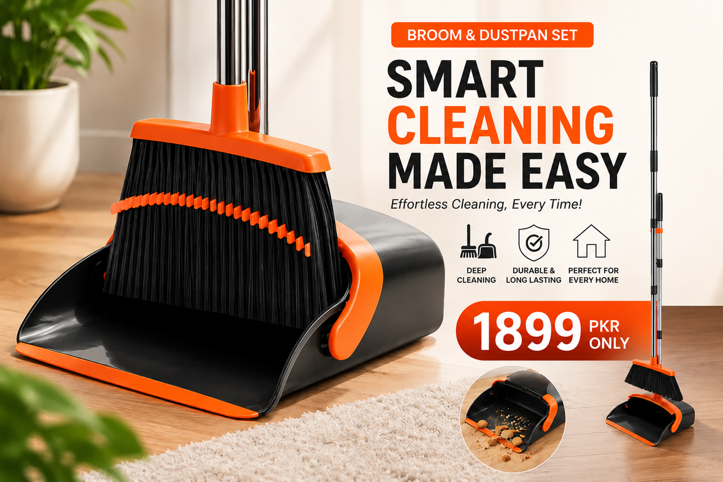 Adjustable Broom and Dustpan Set with Self-Cleaning Teeth for Home, Kitchen & Office