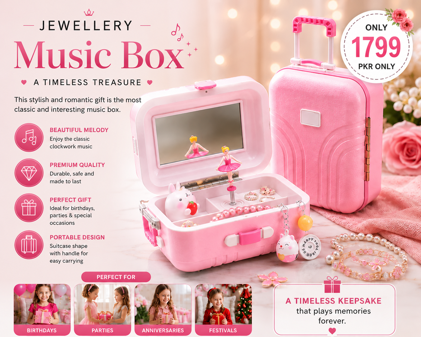 Mini Jewelry Suitcase Music Box with Spinning Ballet Dancer & Cosmetic Storage