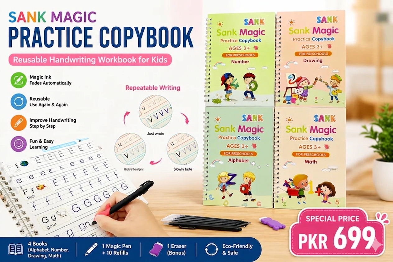 Sank Magic Practice Copybook Set – 4 Reusable Handwriting Books with 10 Magic Ink Refills for Kids