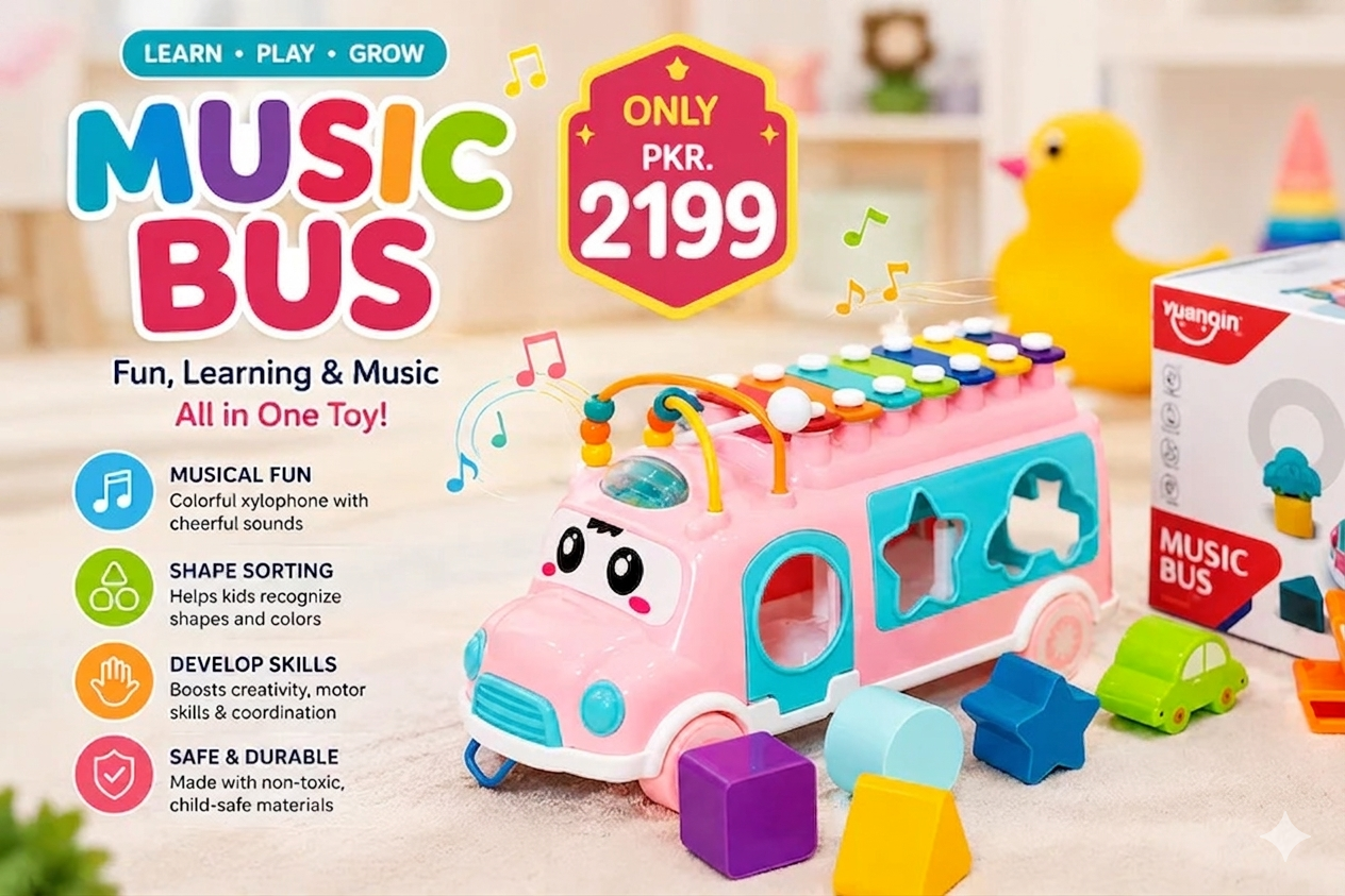 Musical Learning Bus Toy with Xylophone, Shape Sorter & Puzzle Game for Kids