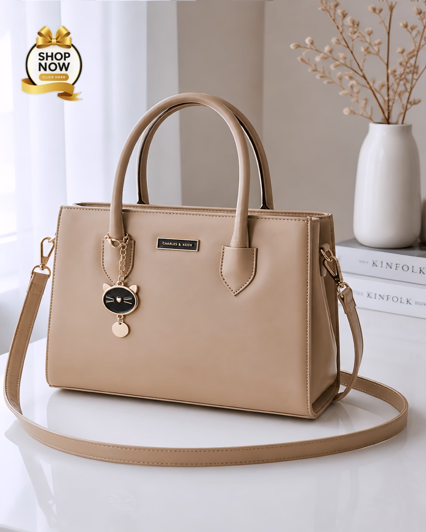 Charles & Keith Beige Double Zipper Shoulder Bag for Women