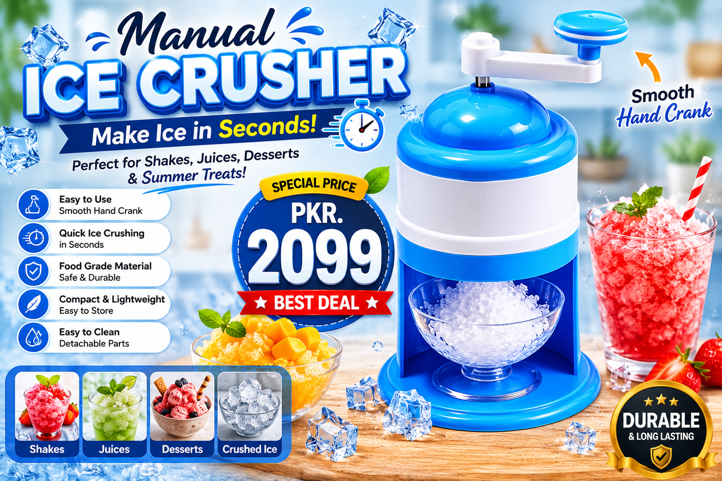 Manual Portable Ice Crusher Machine – Hand Crank Shaved Ice Maker & Gola Maker with Stainless Steel Blades