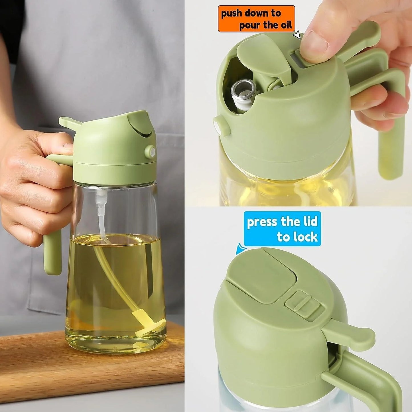 2-in-1 Oil Sprayer & Dispenser Bottle 470ml – Leak-Proof Glass Oil Spray Bottle for Cooking, Air Fryer, BBQ & Baking (Random Color)