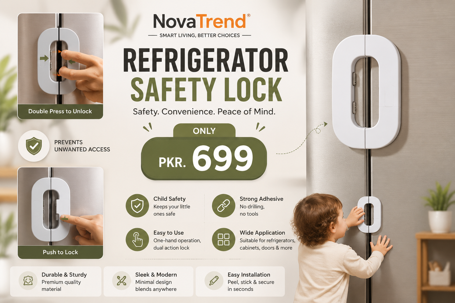 Child Safety Fridge Door Lock – Double Button Refrigerator & Freezer Security Lock